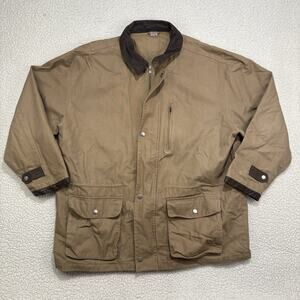 VTG Chore Barn Jacket Coat Mens XL Leather Collar Canvas‎ Tan Pocket Gilrichco